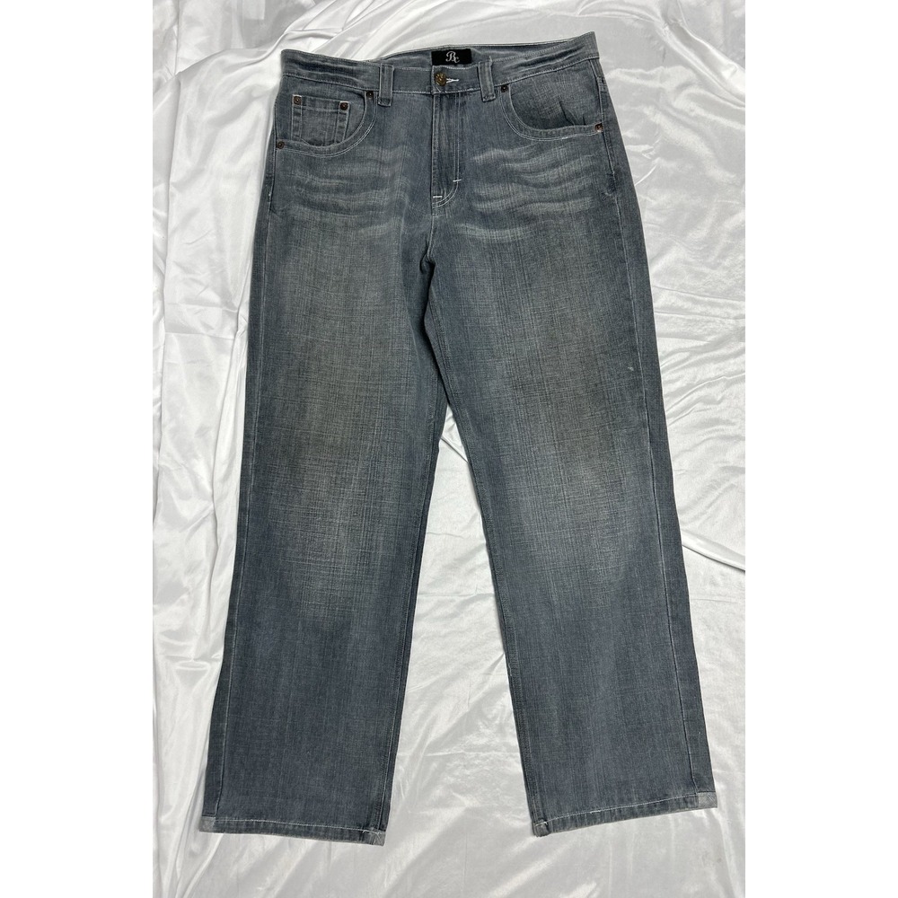 Vtg Basic Code BC Men's 38x34 Jeans Union Jack Embroidered Baggy Y2K Grey Denim